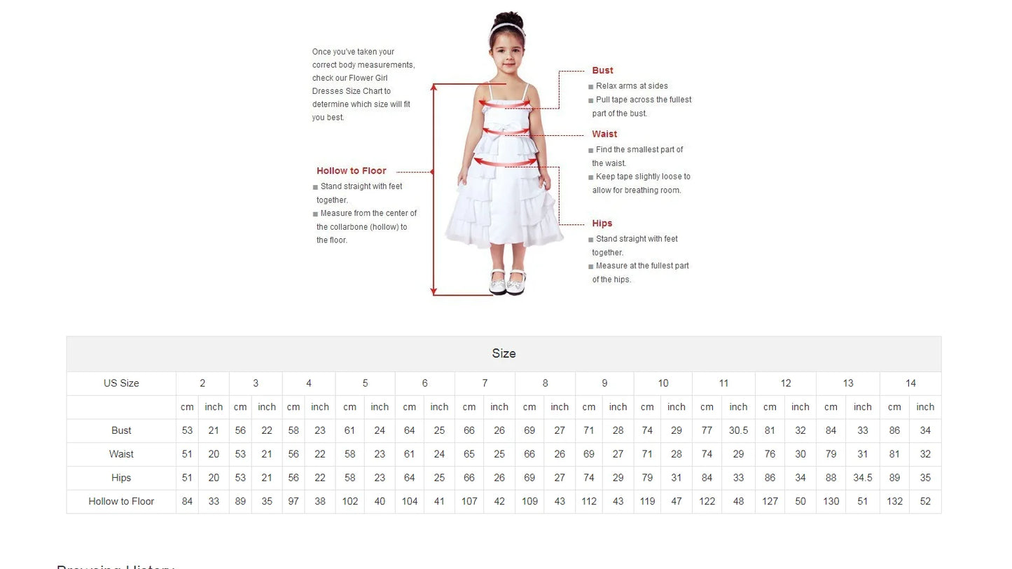 Measurement chart for a flower girl dress with a white dress on a white background