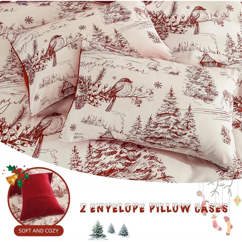 Red Countryside Christmas Bedding Set – 3-Piece Holiday Microfiber Duvet Cover with 2 Zippered Pillowcases
