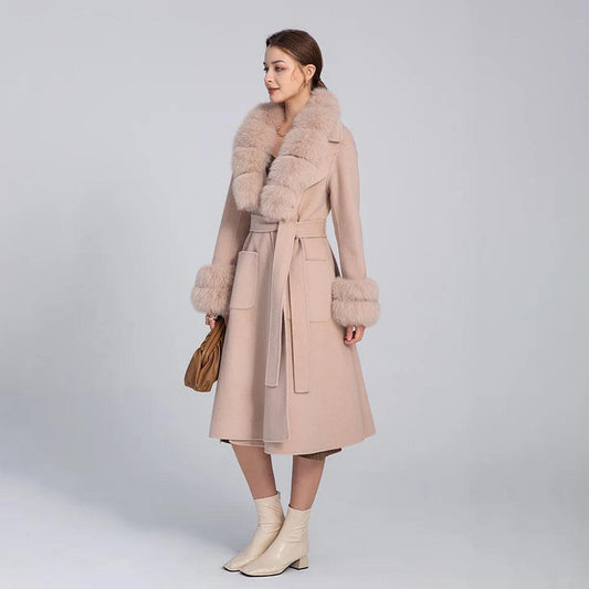 Women's Luxury Long Wool Coat with Detachable Fox Fur Collar – Winter & Autumn Trench Outerwear - HER SHOP