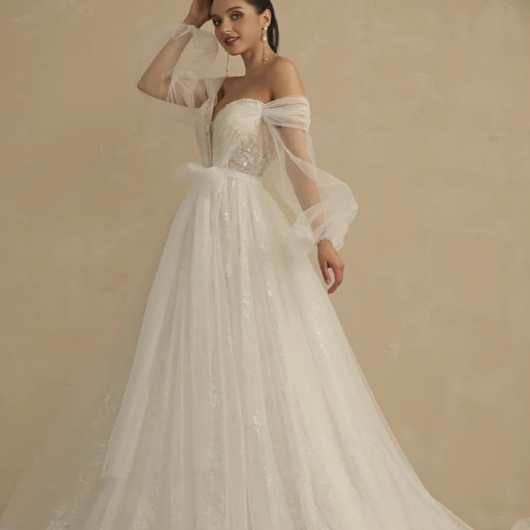 Custom A-Line Lace Wedding Dress with Off-Shoulder V-Neck and Puffy Sleeves – Elegant Bridal Gown