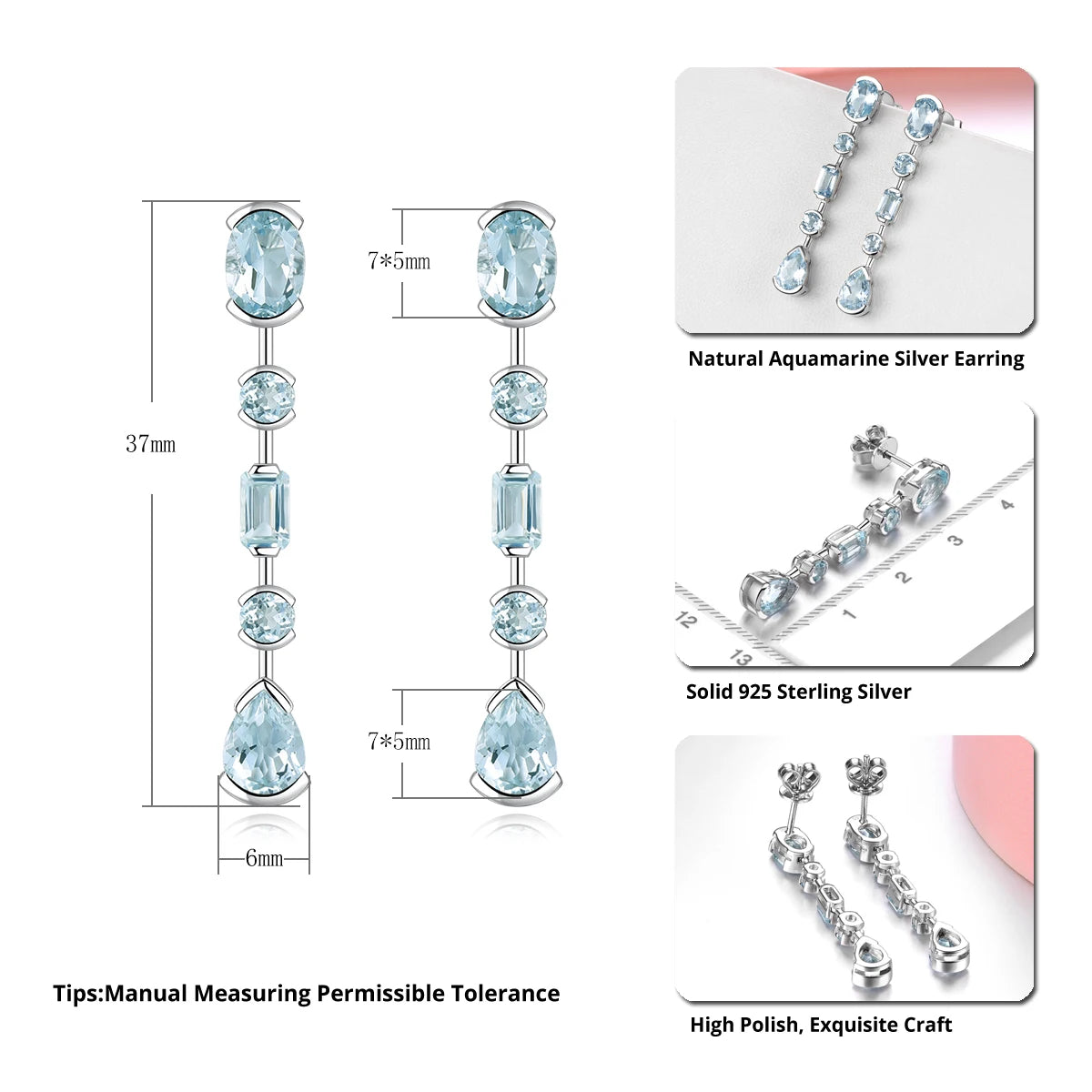 Natural Aquamarine Sterling Silver Drop Earrings 3.5 Carats Light Blue Aquamarine Gemstone Top Quality S925 Jewelry Design