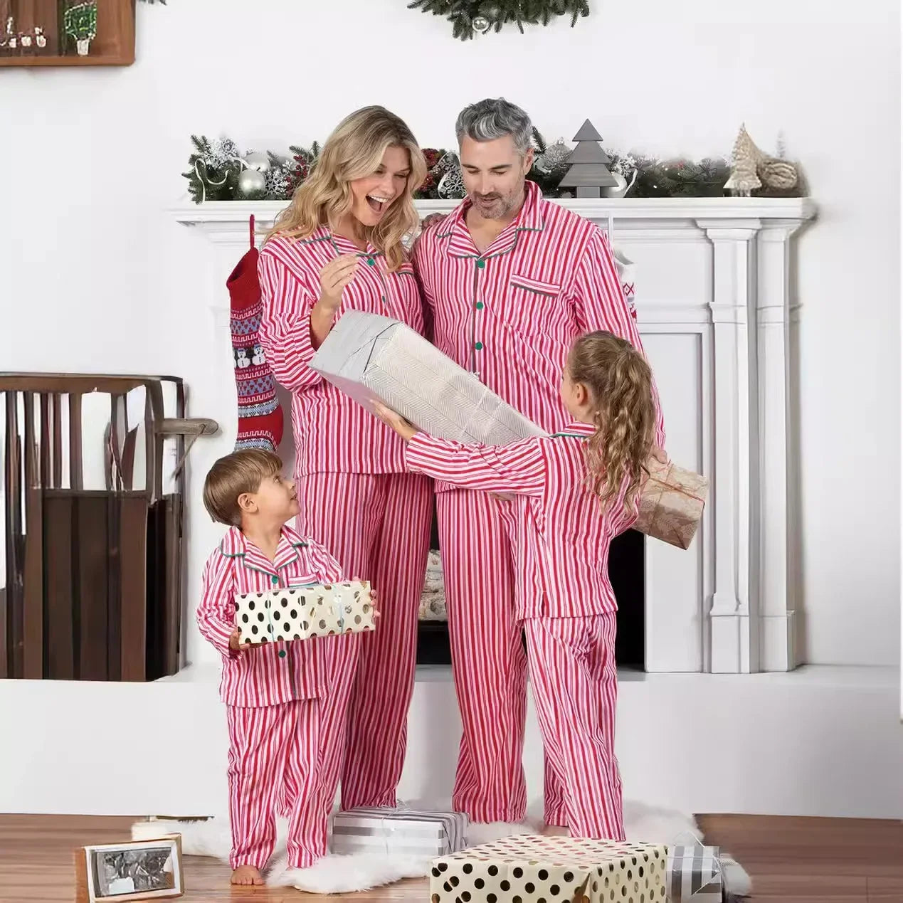 Christmas Family Matching Pajamas Set — Striped Print Button Shirt & Pants for Mom, Dad, Kids, and Baby