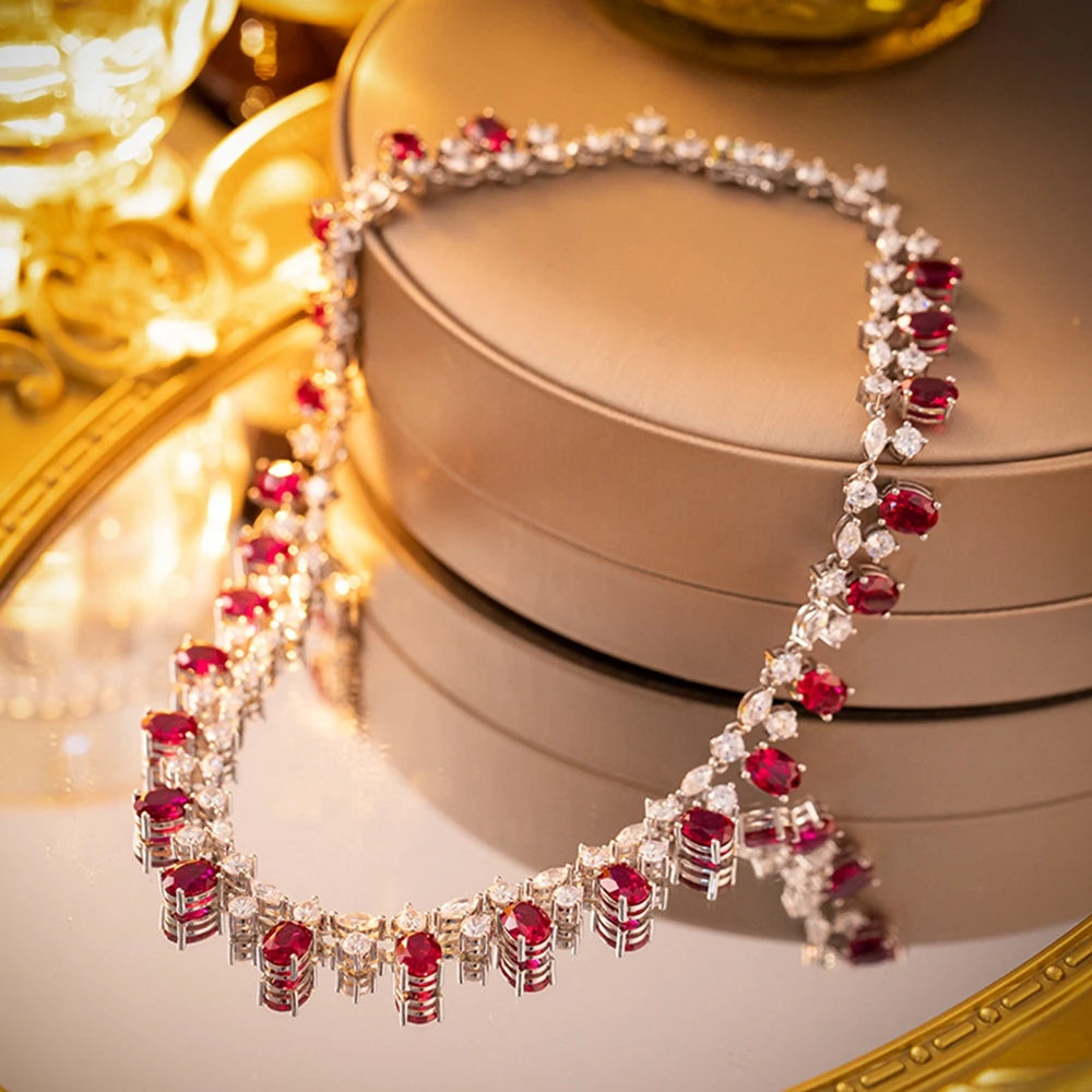 Luxury 925 Sterling Silver Oval-Cut Ruby & Moissanite Necklace | 6×8mm Gemstone Pendant for Women | Fine Jewelry Anniversary Gift
