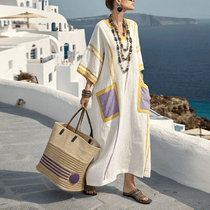 Elegant Bohemian Maxi Dress – Summer V-Neck Short Sleeve Casual Vacation Dress with Pockets for Women