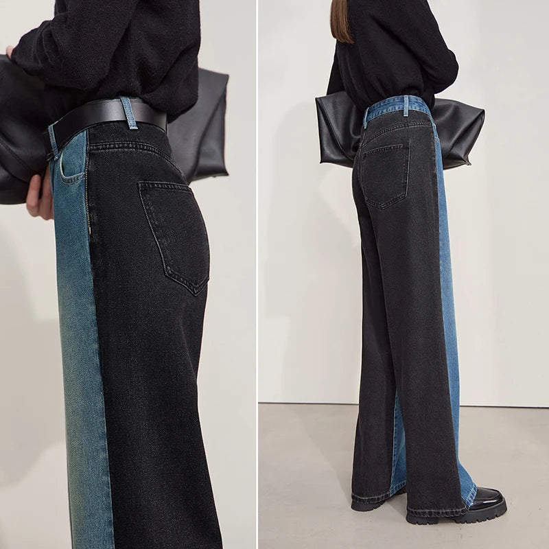 Retro Patchwork Wide-Leg Denim Jeans – Casual Loose Fit Women’s Pants
