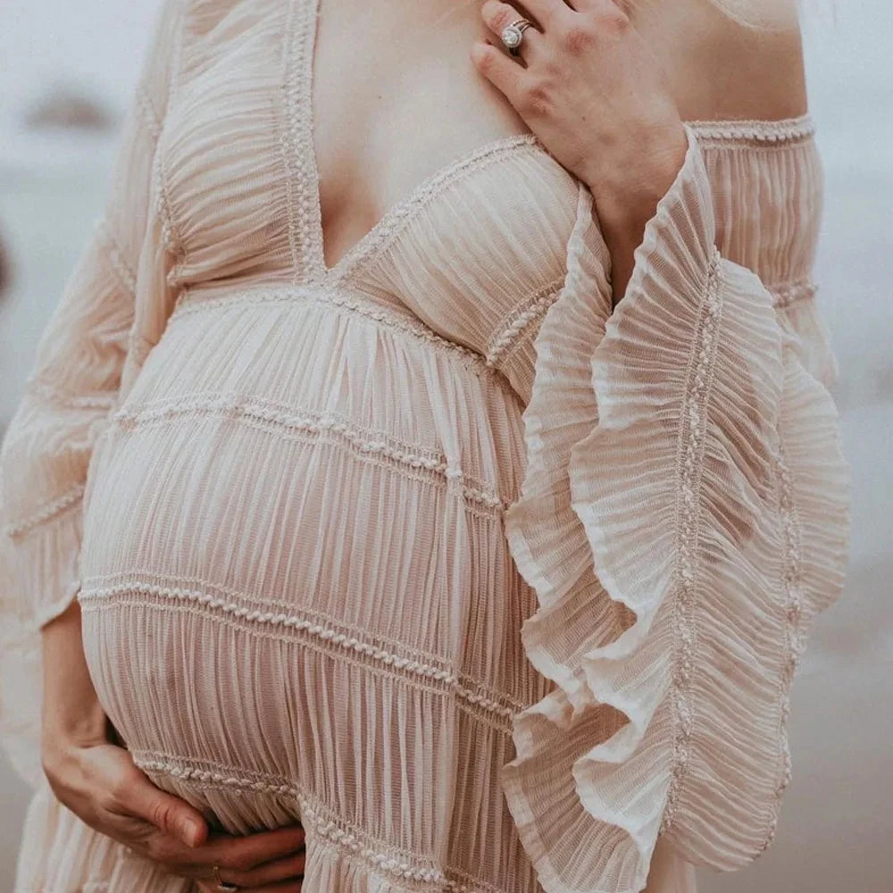 Pleated Chiffon Boho Maternity Photoshoot Dress – Maxi Baby Shower Gown for Pregnant Women | Photography Prop Dress