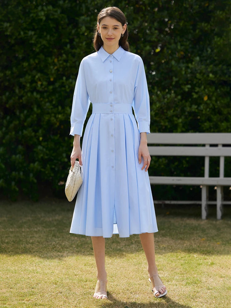 Minimalist Women's Shirt Dress – 2023 Spring Collection, White Pleated Long Dress with Waist Belt, Elegant Casual Style