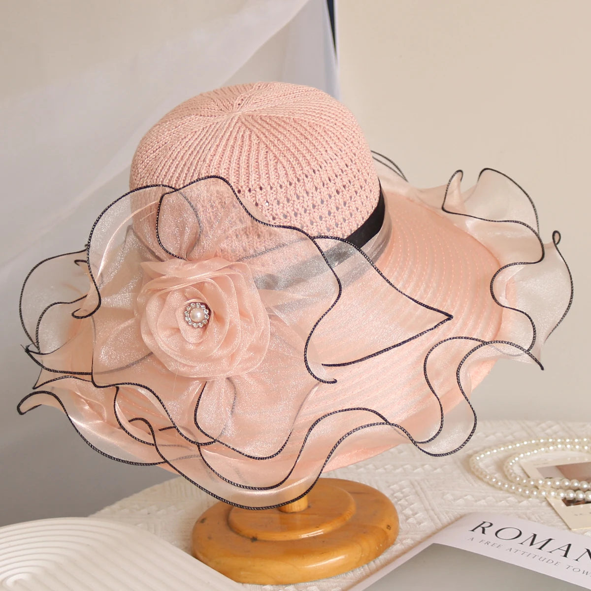 Elegant Women's Summer Sun Hat – Breathable Organdy, Foldable Design, Woven Crown with Flower Decoration