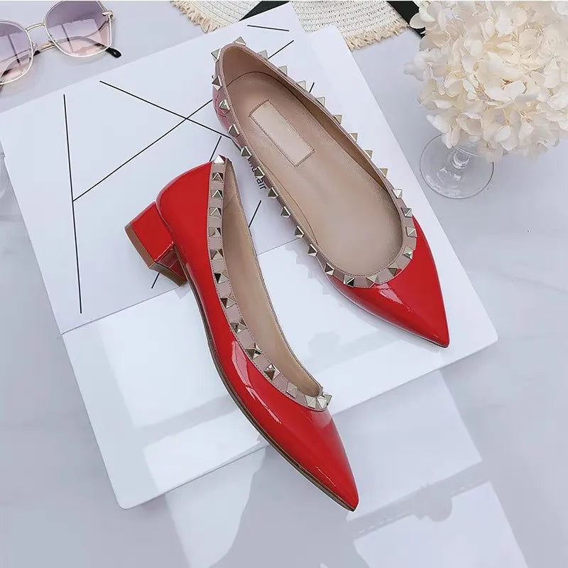 Luxury Leather Rivet High Heels | Designer Pointed Toe Square Heel Pumps for Women