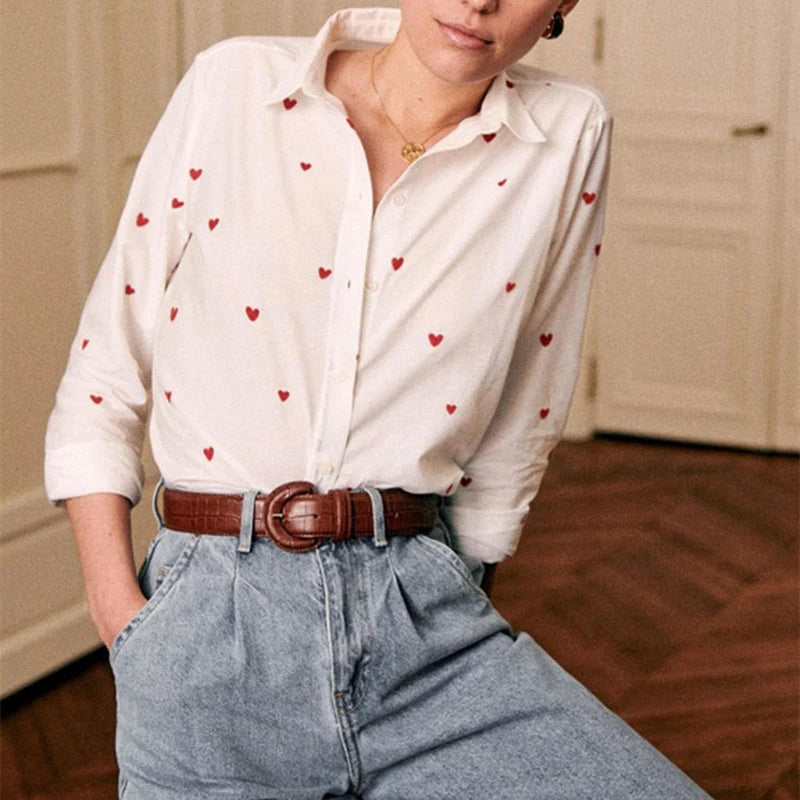 Women's Heart Embroidery Blouse - Turn-Down Collar, Single-Breasted, Fresh Long Sleeve Denim Shirt for Valentine's Day