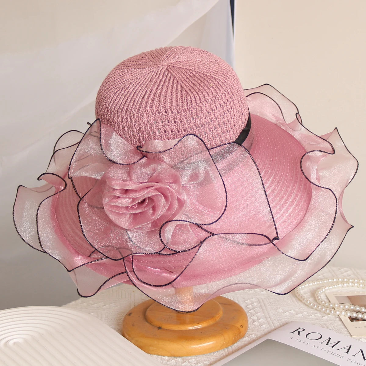 Elegant Women's Summer Sun Hat – Breathable Organdy, Foldable Design, Woven Crown with Flower Decoration