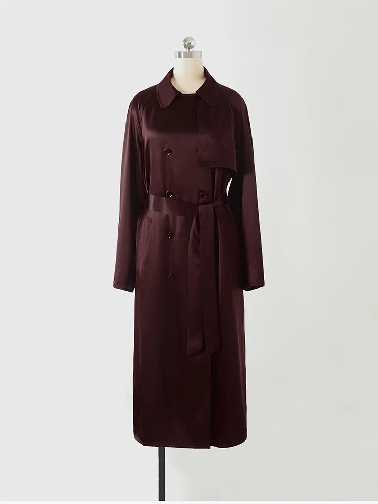 Effortless Chic Gloss 100% Heavy Silk Satin Champagne Double Breasted Belted Trench Elegant Turn-Collar Long Coat Event Outwear