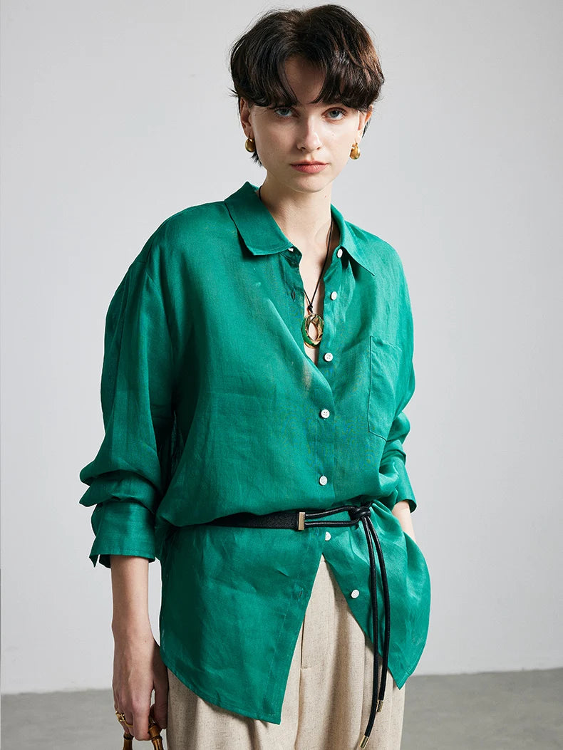 100% Ramie Solid Blouse  -  Women's Loose-Fit Shirt with Turn-Down Collar & Chest Pocket