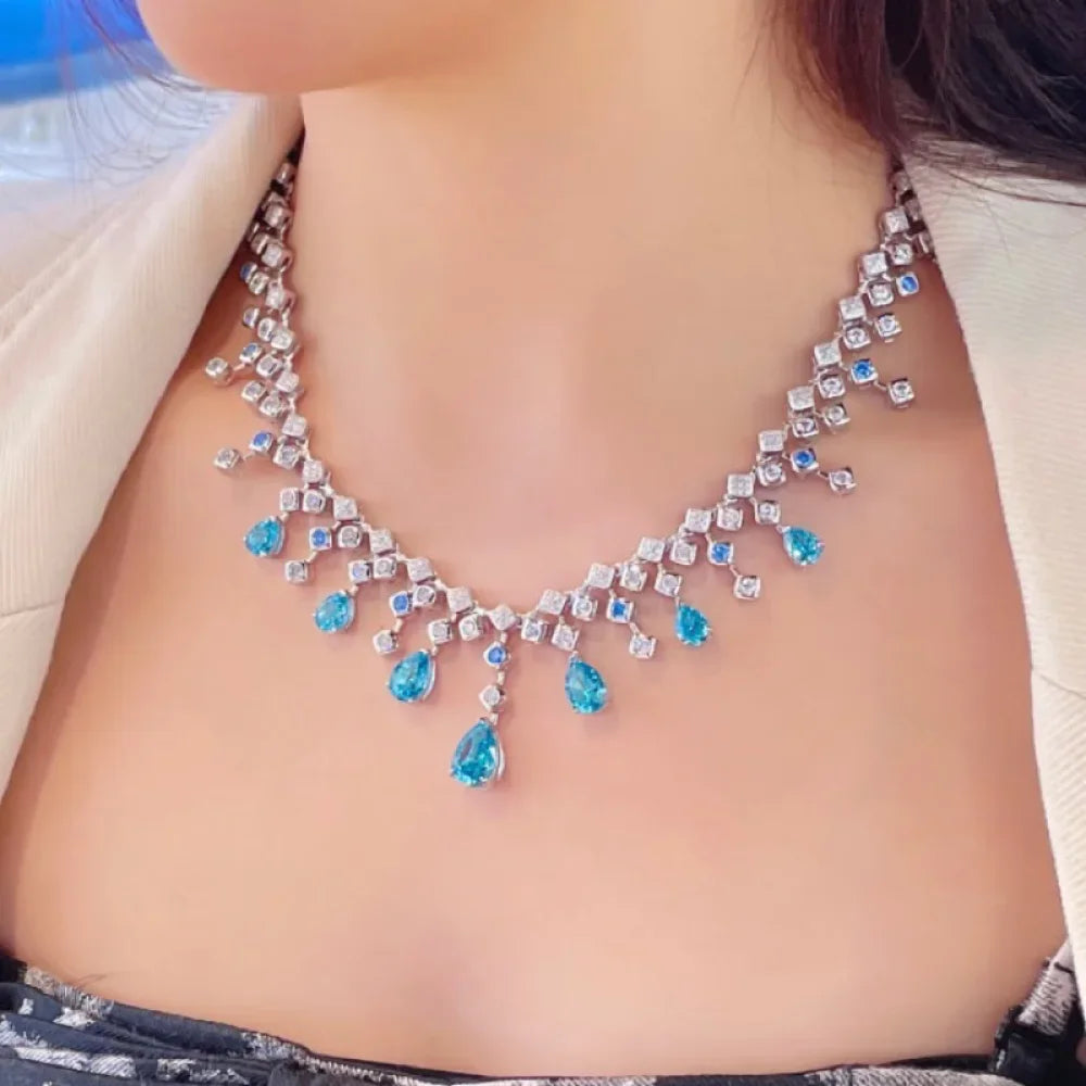 Fashion aquamarine 925 Sterling Silver Water Drop Necklace Cultivate Sapphire Blue Necklace Pendants Plated Gold Necklace