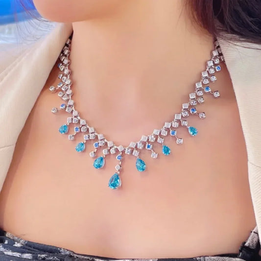 Fashion aquamarine 925 Sterling Silver Water Drop Necklace Cultivate Sapphire Blue Necklace Pendants Plated Gold Necklace - HER SHOP®