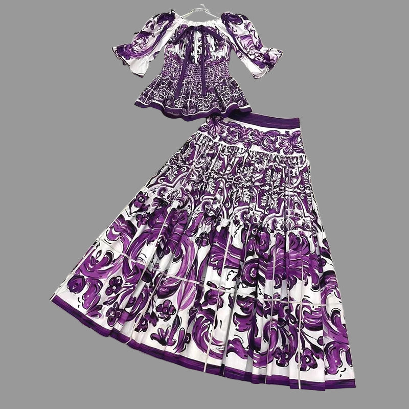 Elegant Women's Silk Top & Printed Cotton Skirt Set – 2-Piece Turn-Down Collar Outfit