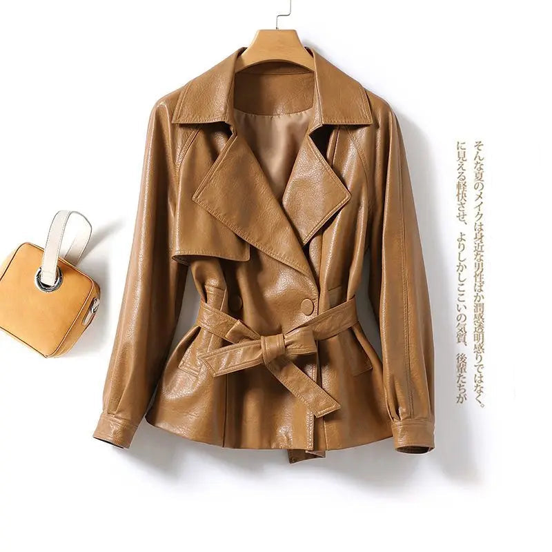 Fashionable Genuine Leather Jacket for Women Waist-Tied Loose Fit Black or Brown – Casual Luxury Outerwear - HER SHOP