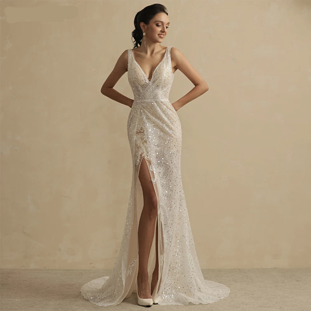 Custom A-Line Lace Wedding Dress with Off-Shoulder V-Neck and Puffy Sleeves – Elegant Bridal Gown