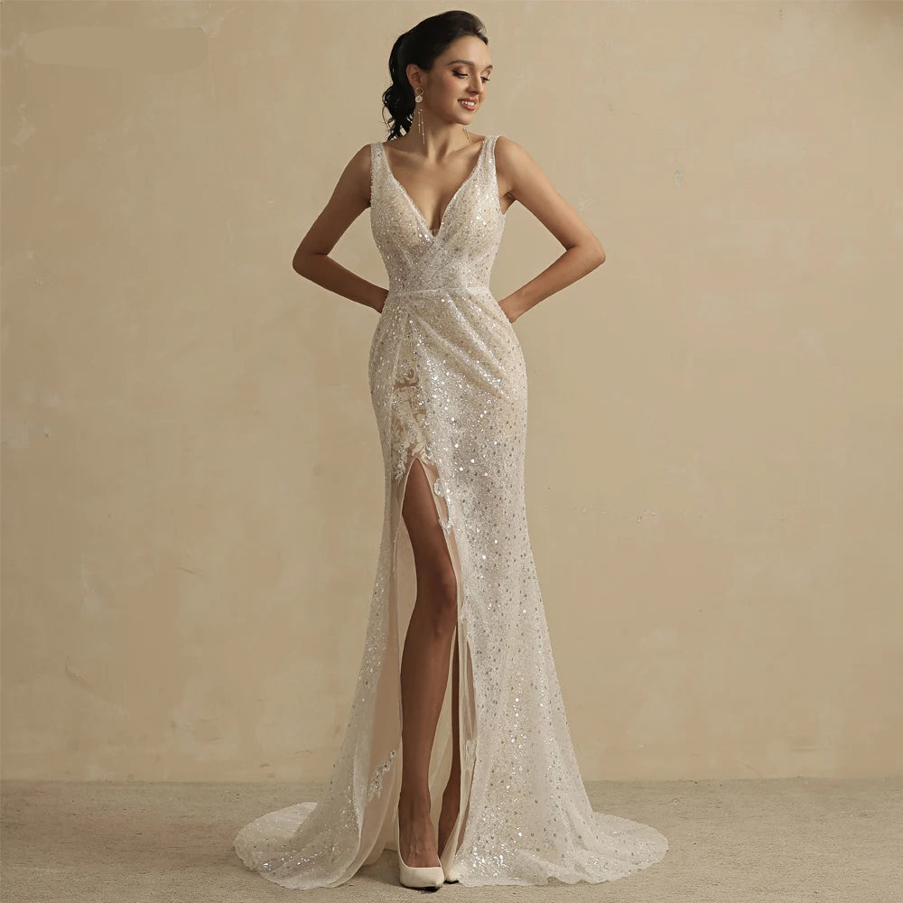 Customized Shinny Glittle A Line Skirt Wedding Dress For Women With Puff Sleeves Sexy Sweetheart Lace Bridal Gown