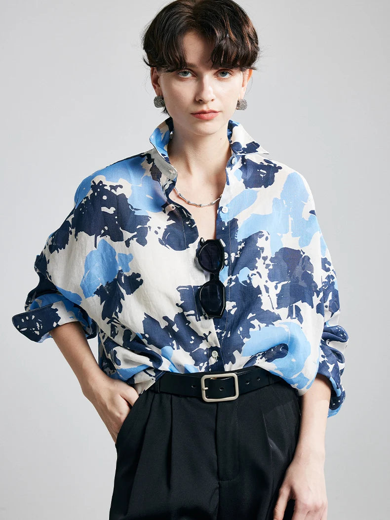 100% Ramie Printed Blouse  -  Women's Turn-Down Collar Shirt in Blue, Green, or Yellow