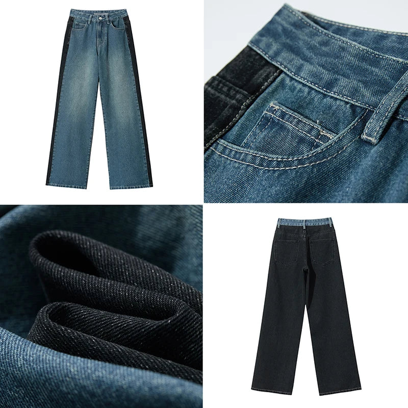 Retro Patchwork Wide-Leg Denim Jeans – Casual Loose Fit Women’s Pants