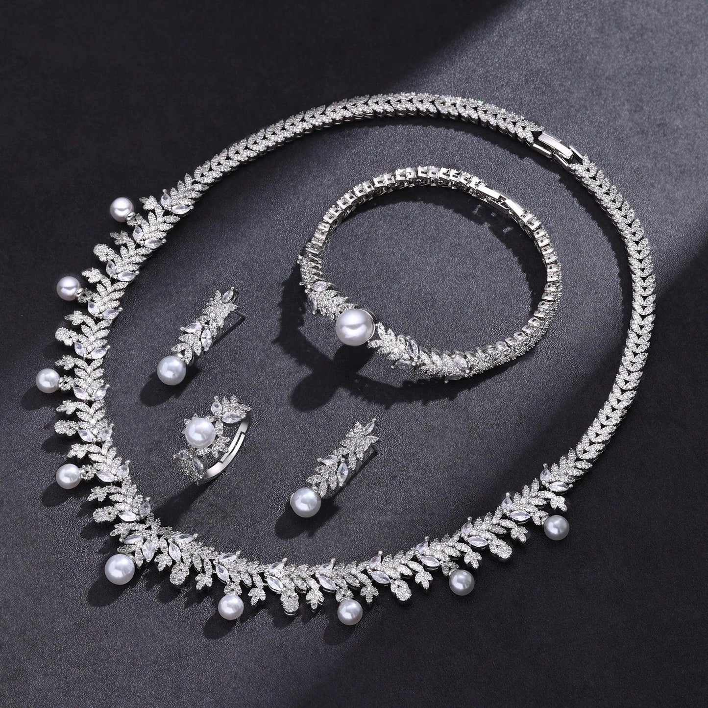 4-Piece Cubic Zirconia and Pearl Jewelry Set - Perfect for Weddings, Parties, and Dubai Bridal Looks