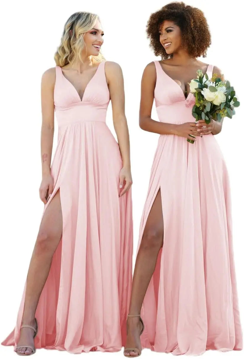 Champagne Gold Bridesmaid Dress – Elegant V-Neck Satin Chiffon Gown for Wedding, Prom & Formal Events