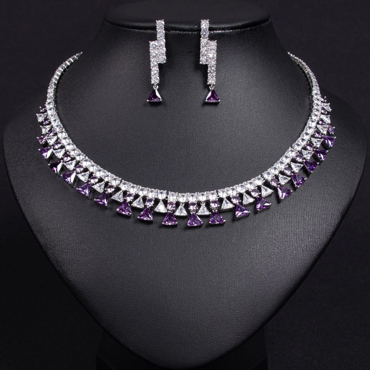 Geometric Triangle Zircon Jewelry Set for Women Shiny Necklace & Earrings for Dubai Bridal Wedding or Party Gift