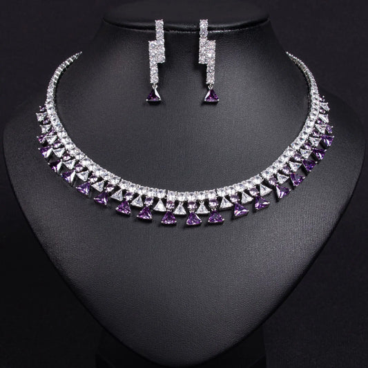 Geometric Triangle Zircon Jewelry Set for Women Shiny Necklace & Earrings for Dubai Bridal Wedding or Party Gift - HER SHOP