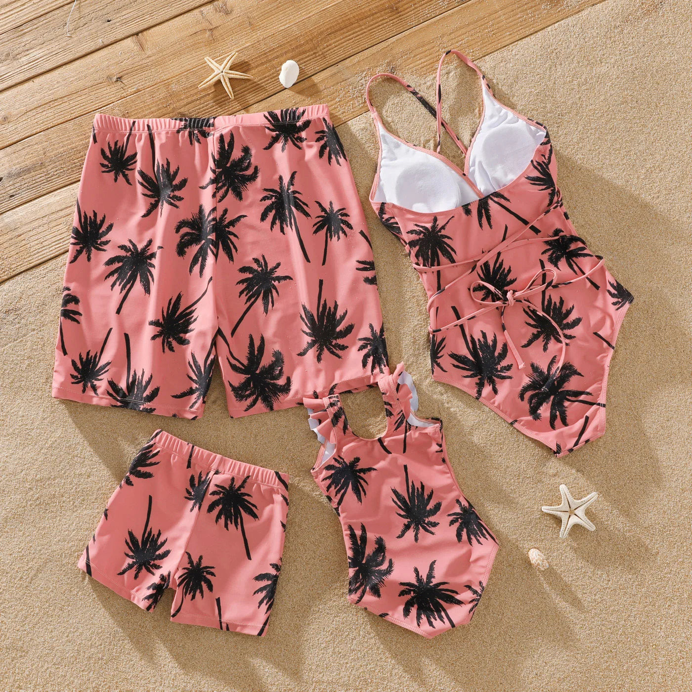 Family Matching Coconut Tree Print Swimwear – Pink Swim Trunks & Spaghetti Strap One-Piece Swimsuit