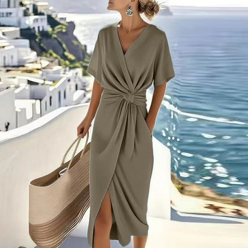 Elegant V-Neck Draped Split Long Dress – Women’s Solid Irregular Slim Fit Party & Vacation Dress with Short Sleeves