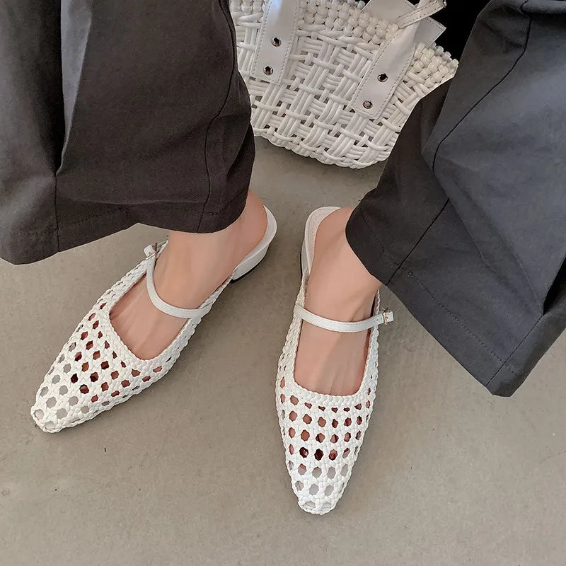 2025 Braided Slipper Women Covered Pointed Toe Buckle Up Mules Female Med Chunky Heels Daily Outdoor Breathable Slides