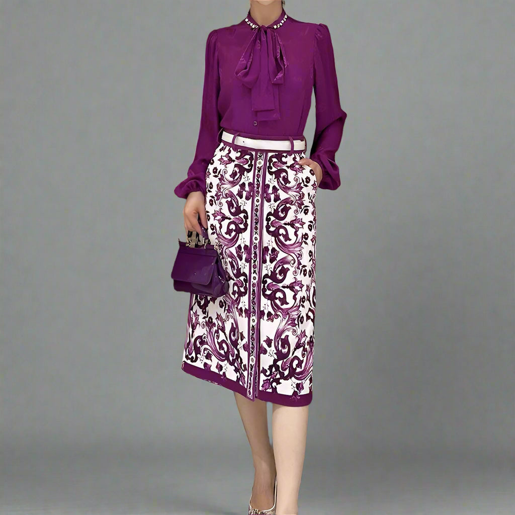 Elegant Women's Silk Top & Printed Cotton Skirt Set – 2-Piece Turn-Down Collar Outfit