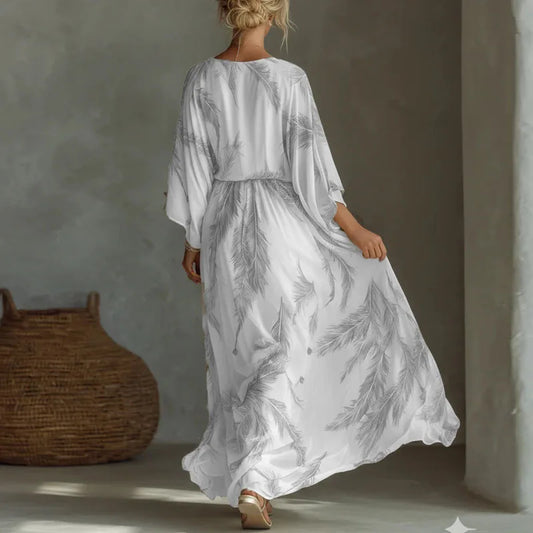 Women’s Feather Print Deep V-Neck Maxi Dress – Bohemian Batwing Sleeve Summer Resort Dress - HER SHOP®