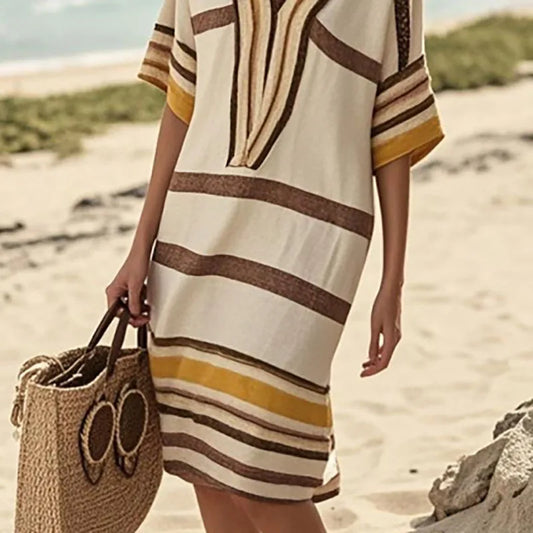 2026 Vintage Striped Midi Dress – Casual V-Neck Short Sleeve Summer & Spring Vacation Dress for Women - HER SHOP