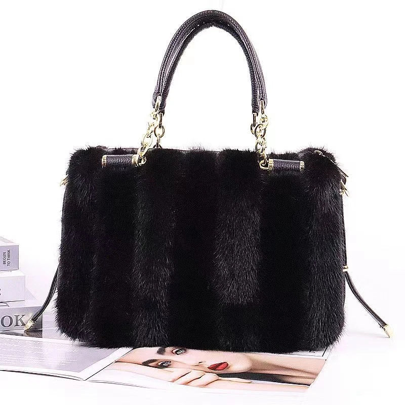 Turquoise fur handbag with gold chain handle on a light gray background, featuring the brand 'QIMING'.