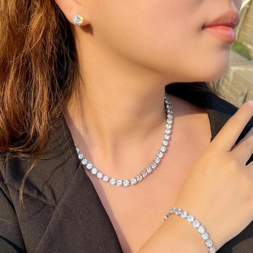 Shiny White CZ Crystal Tennis Wedding Jewelry Set – Choker Necklace, Earrings, and Bracelet (3-Piece Set)