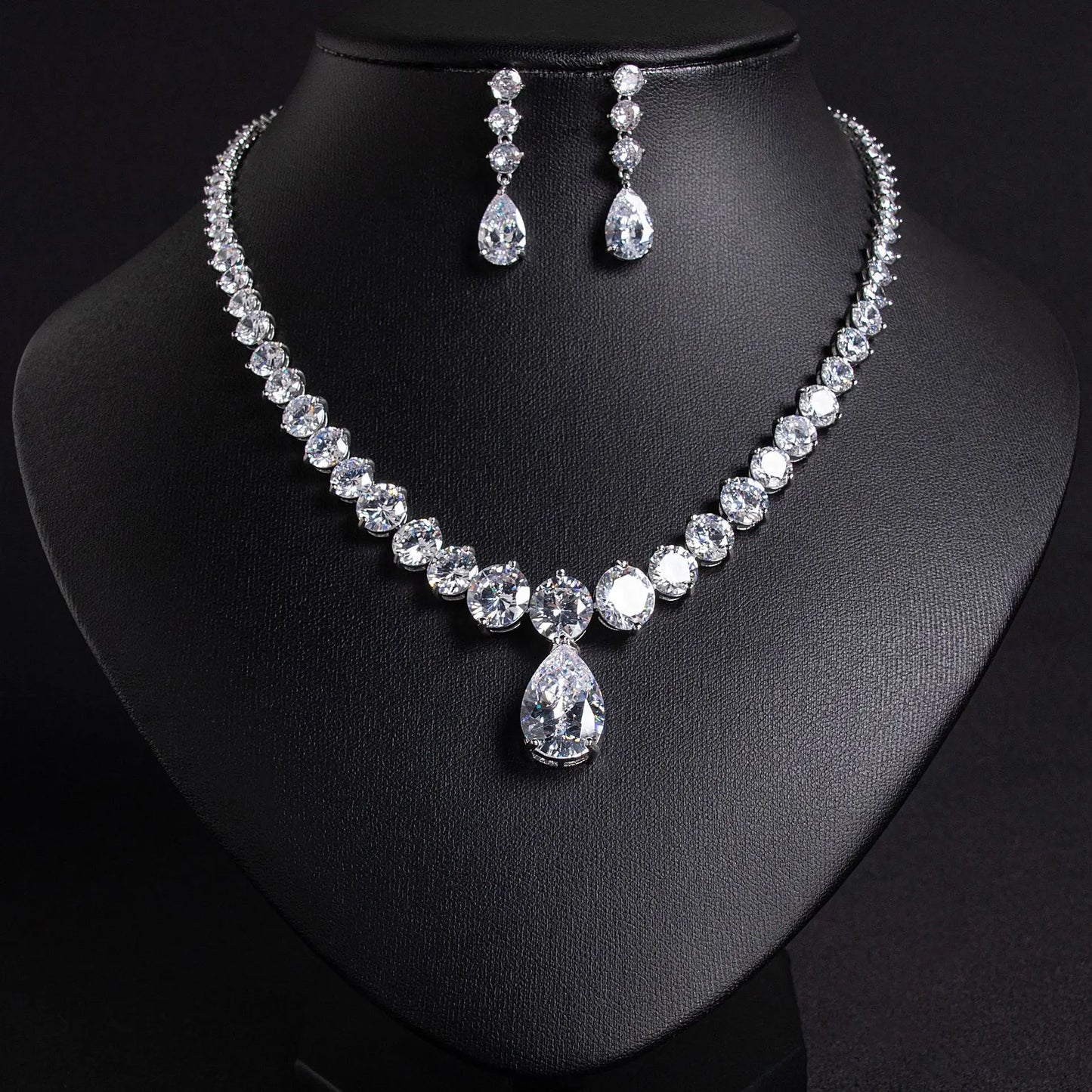 Water Drop Zircon Bridal Jewelry Set Pendant Necklace & Earrings for Wedding Dress or Any Special Occasion