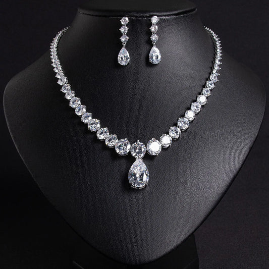 Water Drop Zircon Bridal Jewelry Set Pendant Necklace & Earrings for Wedding Dress or Any Special Occasion - HER SHOP