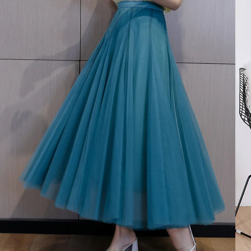 Elegant Beige Tulle Maxi Skirt – High Waist A-Line Mesh Long Skirt for Women