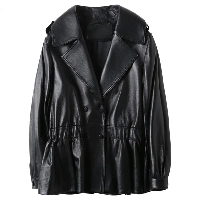 Black leather jacket on a white background with 'Tcyeek' branding.