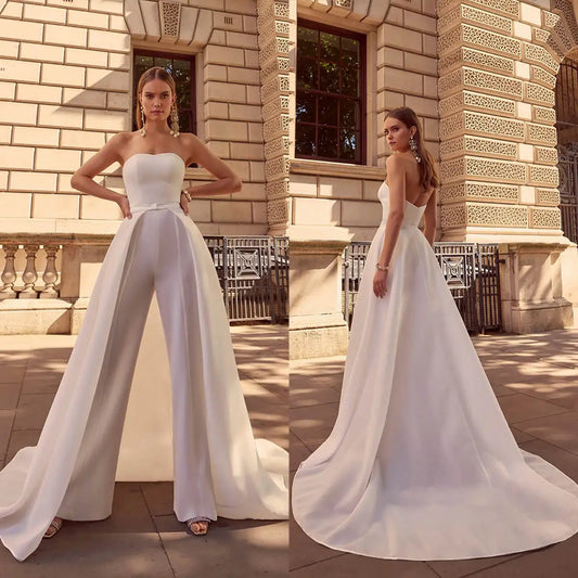Modern Wedding Jumpsuit for Bride Strapless Sweetheart Bodice Detachable Train - HER SHOP
