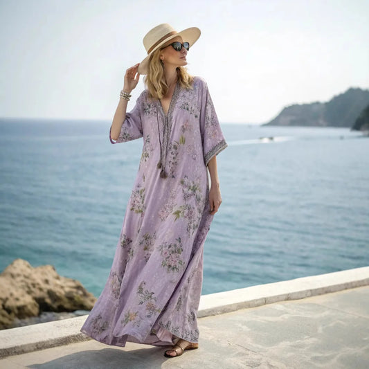 2026 Spring/Autumn Ethnic Print Maxi Dress V-Neck, Striped Contrast, Trumpet Sleeves, Loose Fit Vacation Long Dress for Women - HER SHOP