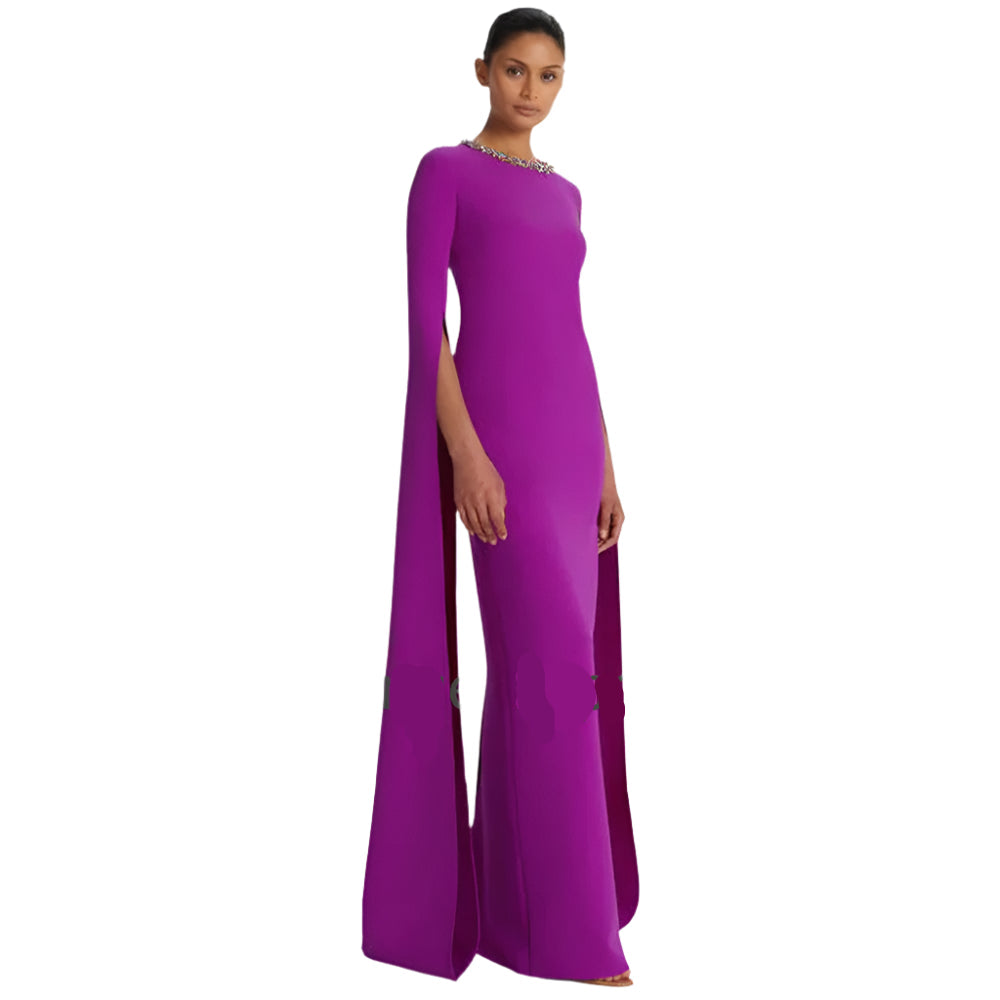 Dark Magenta Prom Dress  -  Jersey Rhinestone Bespoke Gown, Column Scoop Neck, Floor-Length