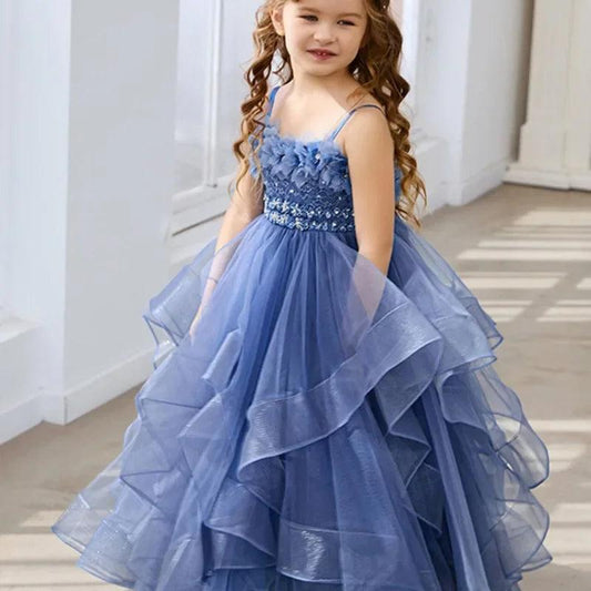 Blue Lace Flower Girl Dress - Fluffy Tulle, Spaghetti Straps, Kids Wedding Bridesmaid & Birthday Party Outfit - HER SHOP®