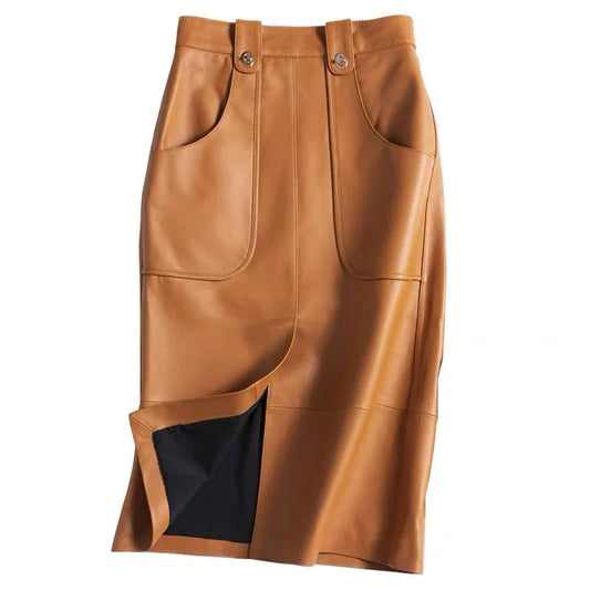 Fashion New Genuine Leather Office Lady for Women Sheepskin Elastic Waist Wrap Long Faldas Mujer Mid Length Front Slit Pocket - HER SHOP