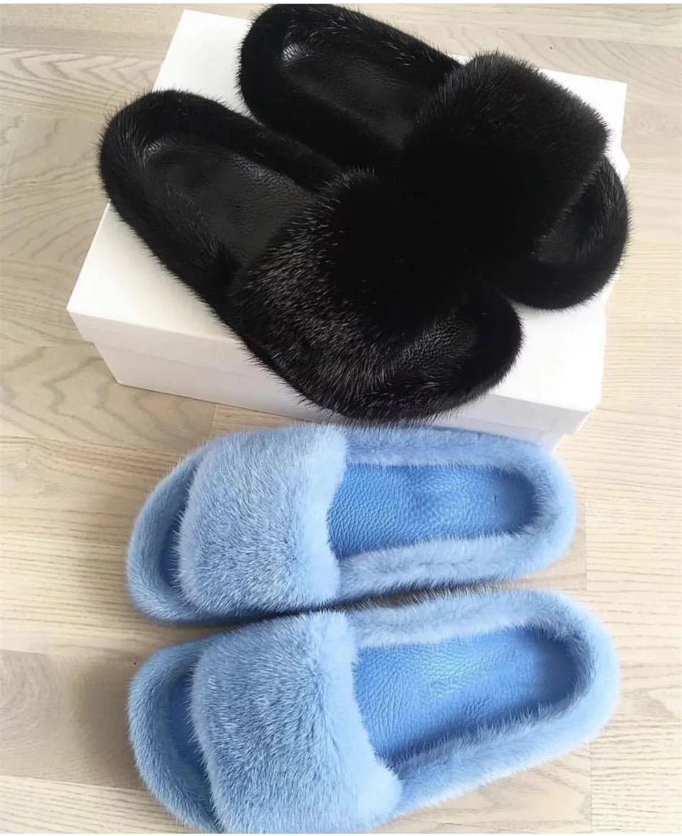 Luxury Real Mink Fur Slippers for Women – Summer Flat Slides with Plush Fur and Sheepskin Insole