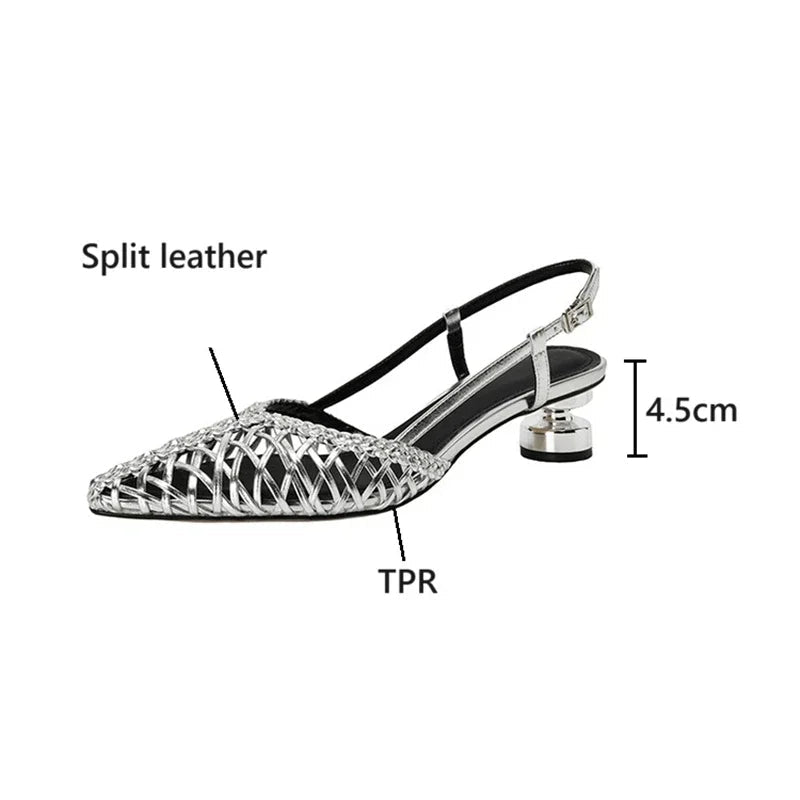 Silver sandal with text labels on a white background