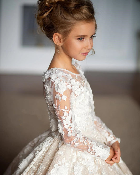 Flower Girl Dress White Tulle Lace Applique Elegant Wedding Litter Flower Child Birthday Celebration Eucharist Party Dress - HER SHOP®