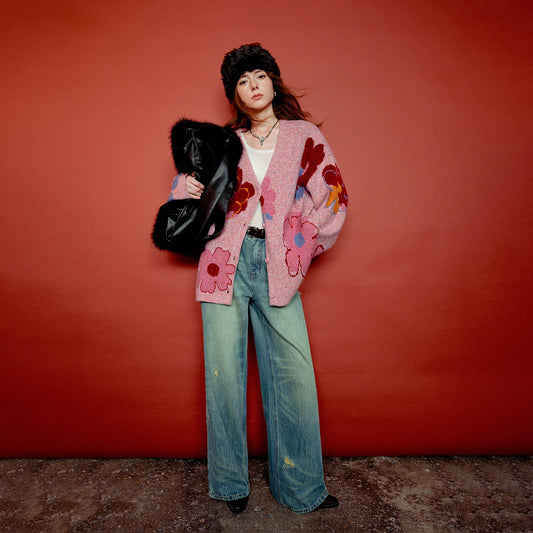 Women’s Floral Jacquard Knit Cardigan Coat – V-Neck Button Front Office-Style Jacket for Spring & Fall - HER SHOP